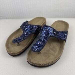 Glamour Deep Blue Jewel & Glitter Cork Thong Sandals Women's Size 10 EUR 41